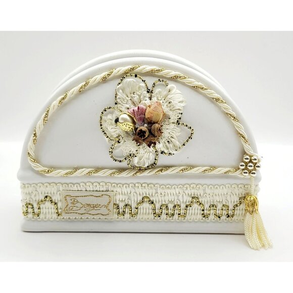Rare Vintage Berger Italian Porcelain Napkin Holder Floral Design Gold Accents - Picture 1 of 10